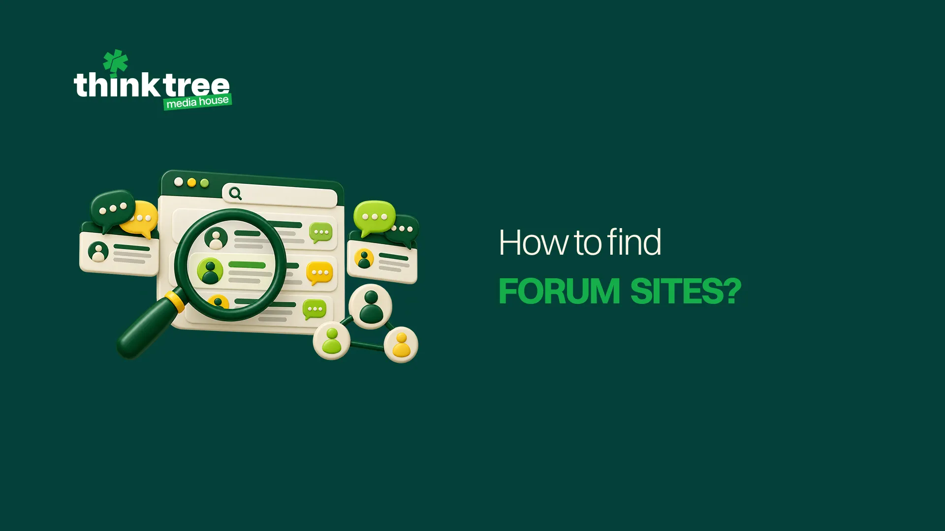 Forum sites search illustration featuring a magnifying glass, online discussions, chat bubbles and community profiles.