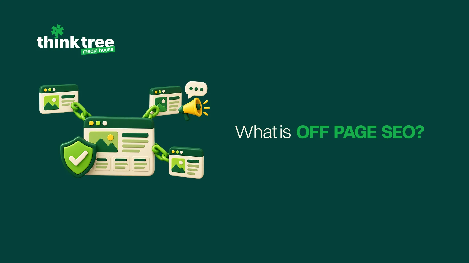 Off page SEO illustration showing connected websites, backlinks, a security shield and digital promotion icons.