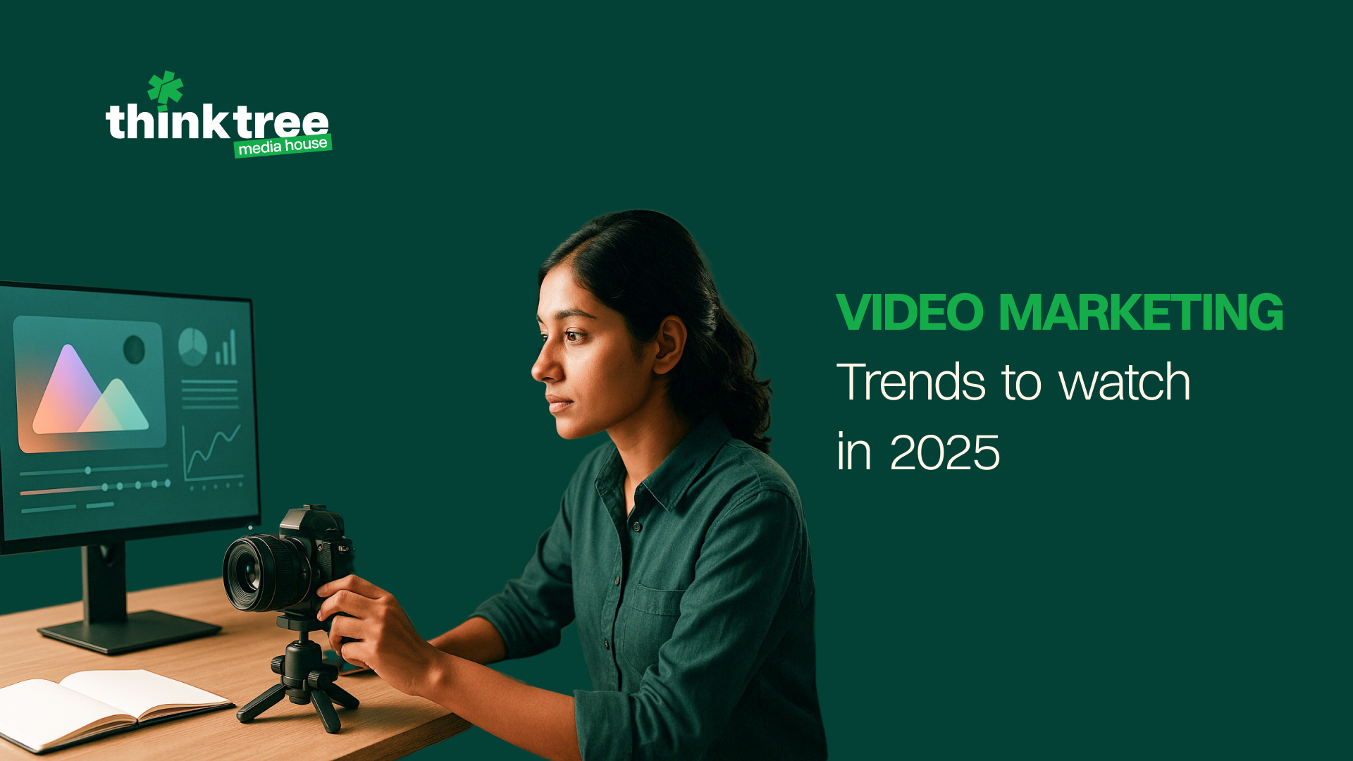 Analyzing video marketing trends for 2025, showing a digital creator planning content and holding professional camera equipment.