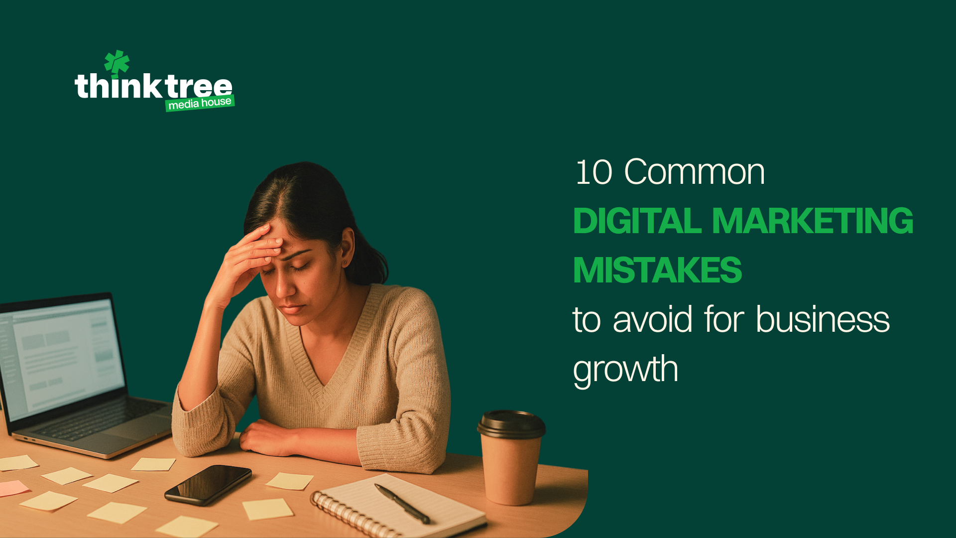 Avoiding 10 common digital marketing mistakes, showing a stressed professional analyzing data at her workspace.