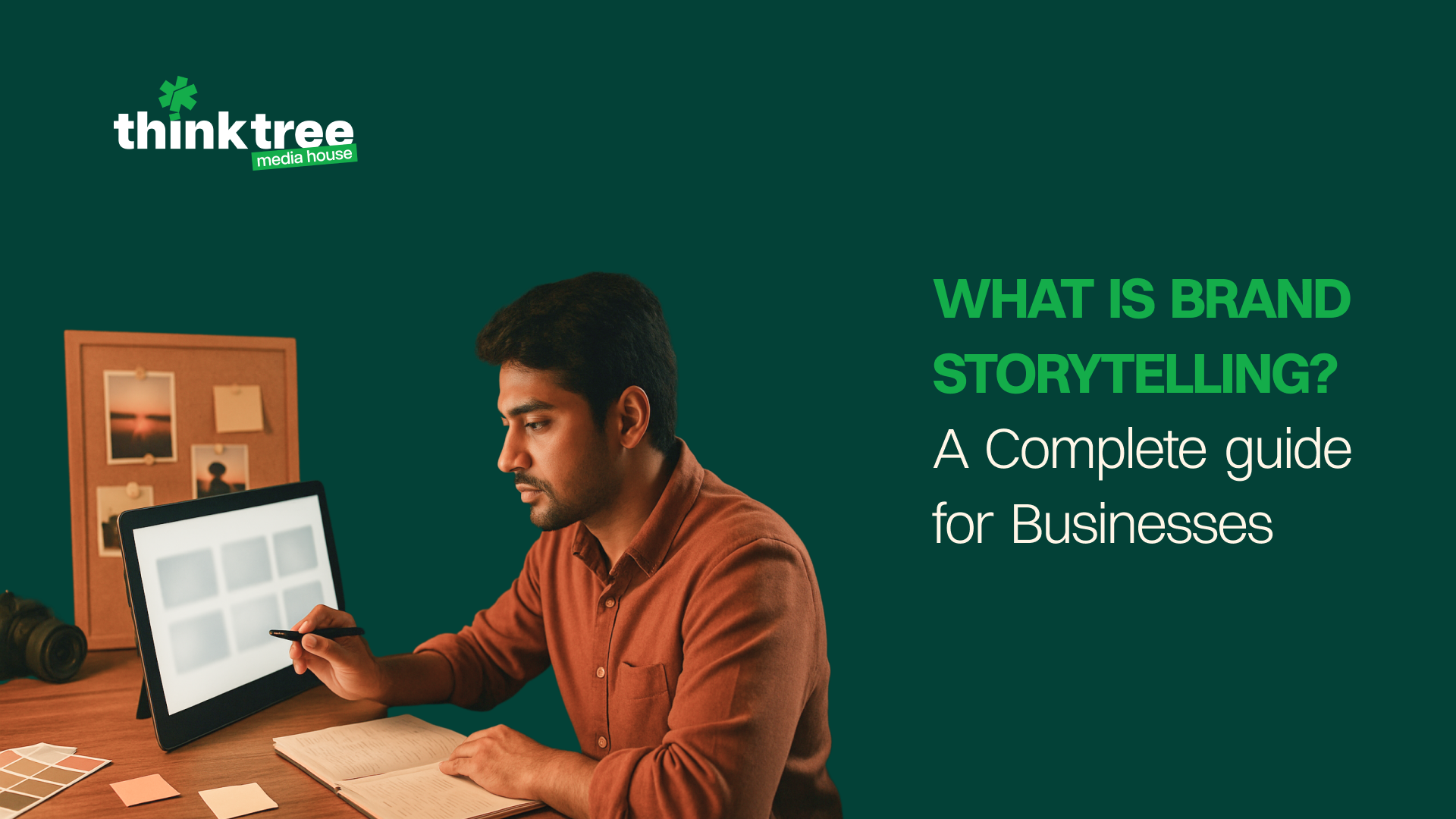 Developing a brand storytelling strategy by reviewing visual storyboards and planning narrative structure for content creation.