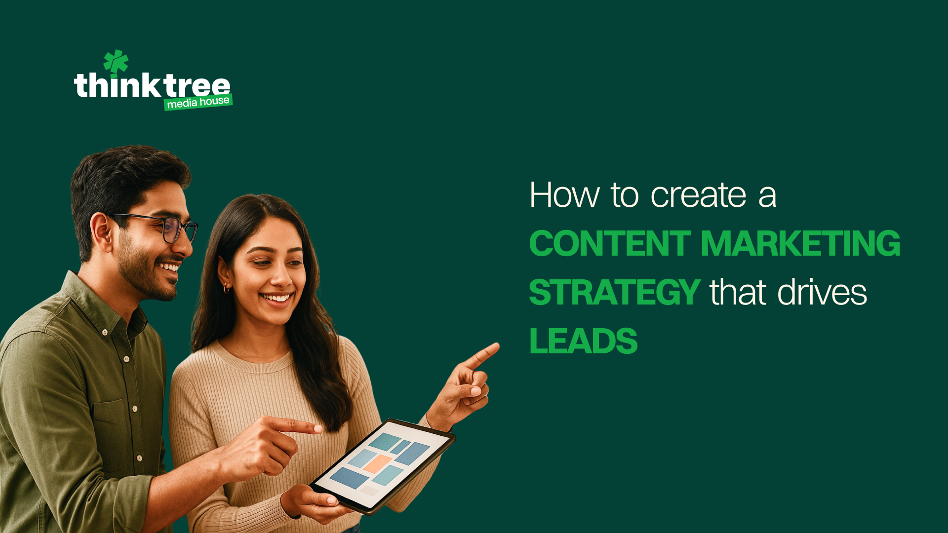 Two marketing professionals discussing a content marketing strategy displayed on a tablet, focusing on planning and lead generation content structure.