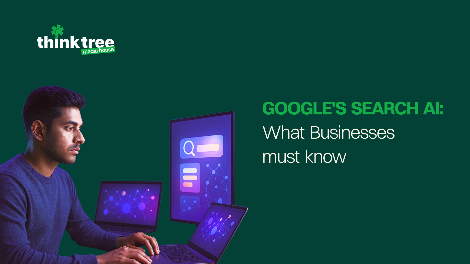 Adapting business strategy for Google Search AI and generative AI, showing a tech professional analyzing future search trends.