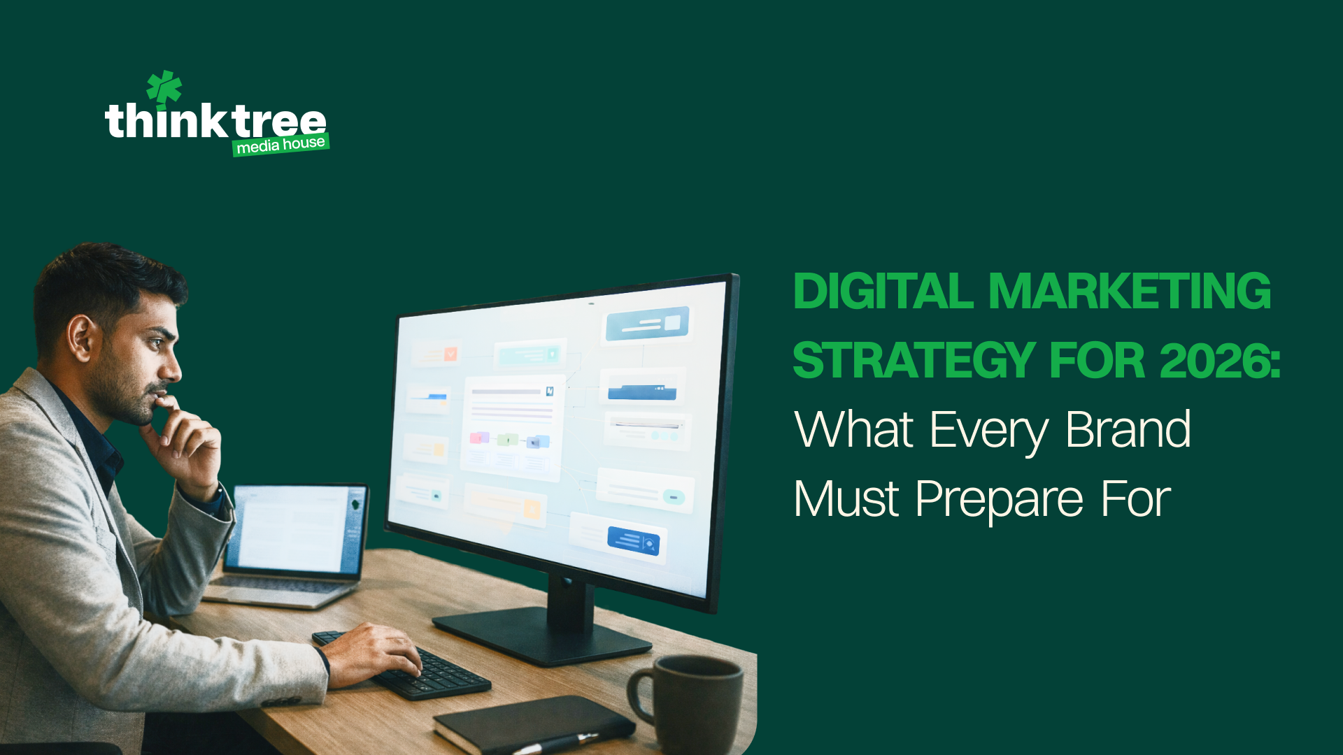 Digital marketing professional analyzing AI-driven digital marketing strategy for 2026 on a desktop screen