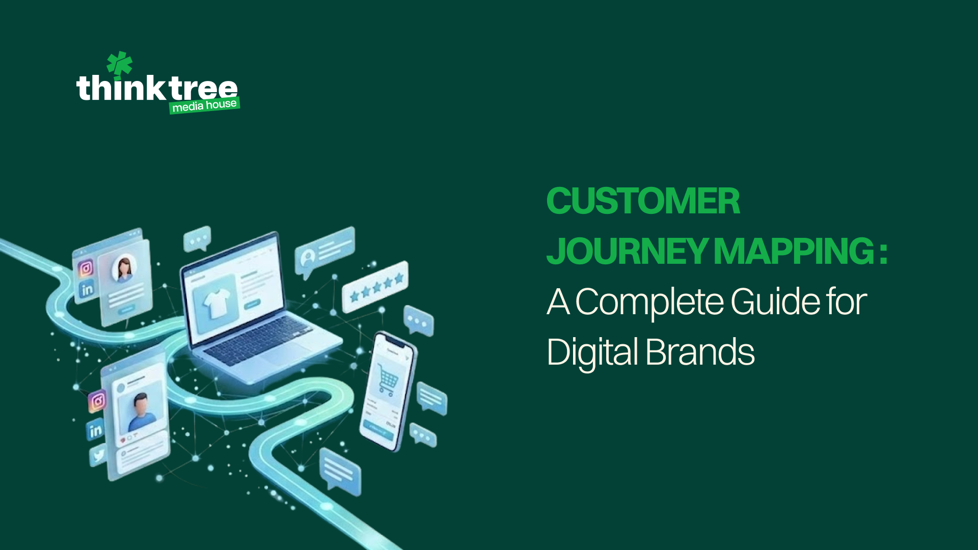 Customer journey mapping banner with laptop, mobile interface, social media touchpoints, and Think Tree Media House branding on green background