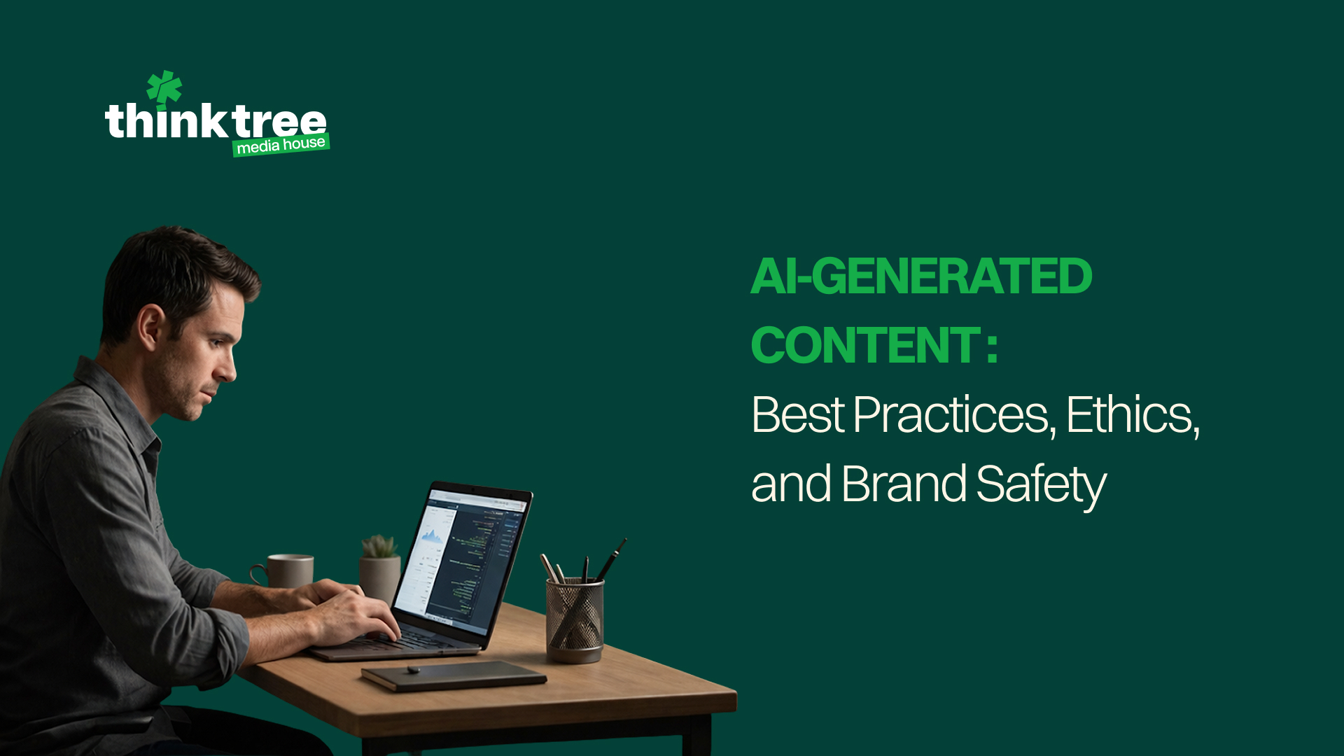 Think Tree Media House blog cover: AI-generated content best practices and brand safety. A digital marketer using AI tools for content creation on a laptop.