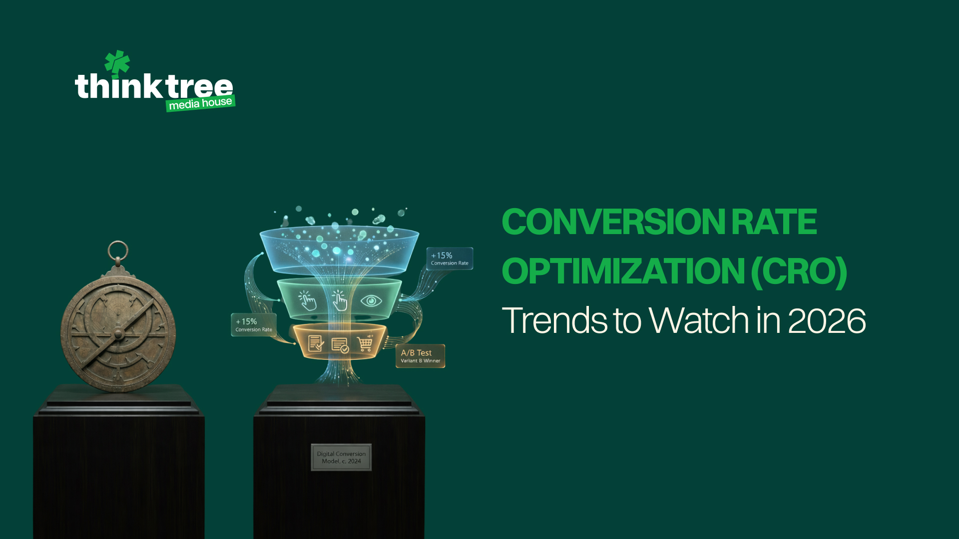 CRO trends 2026: A digital marketing funnel showing A/B testing results and conversion rate increases. Think Tree Media House guide on website conversion optimization and performance marketing.