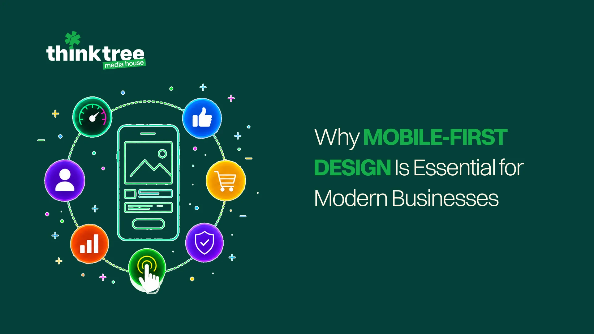 Graphic reading "Why MOBILE-FIRST DESIGN Is Essential for Modern Businesses" next to a smartphone illustration and feature icons.