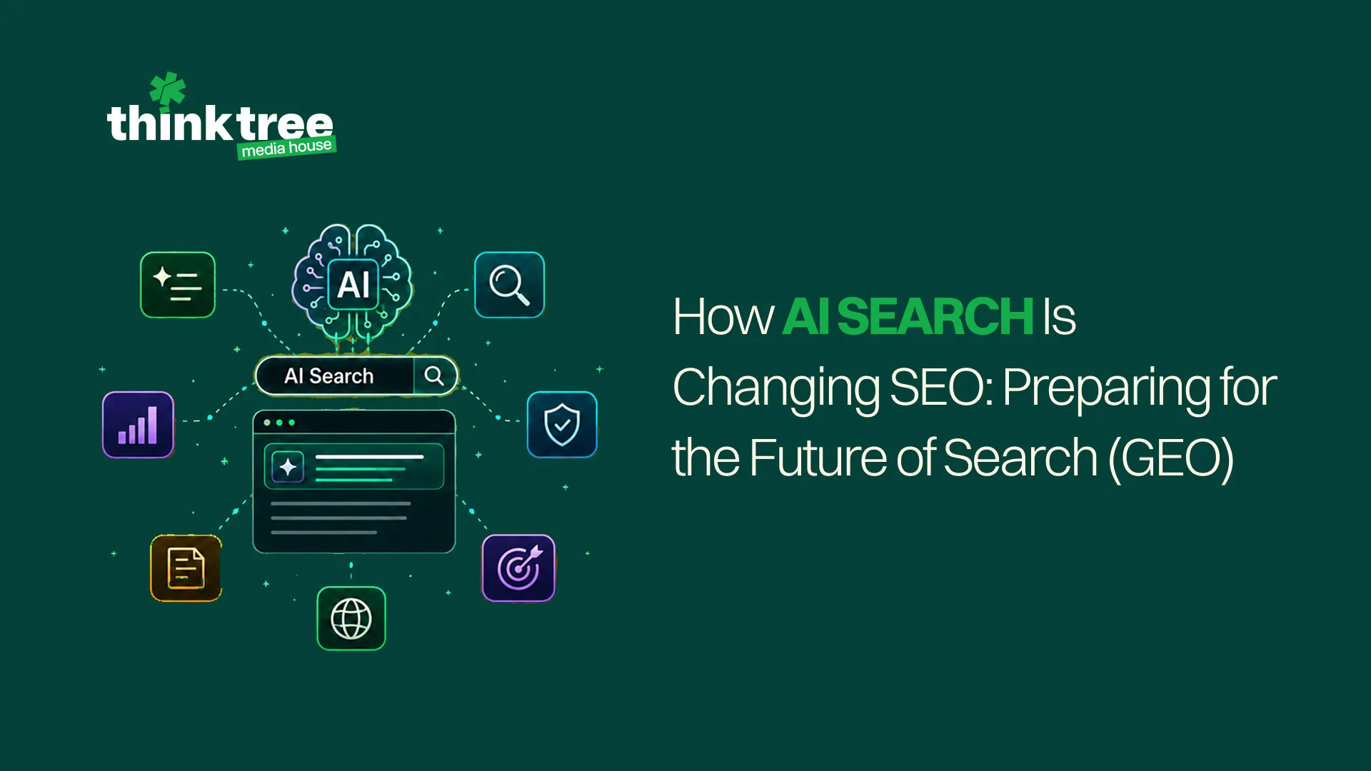 Graphic reading "How AI SEARCH Is Changing SEO: Preparing for the Future of Search (GEO)" next to an AI brain search graphic.