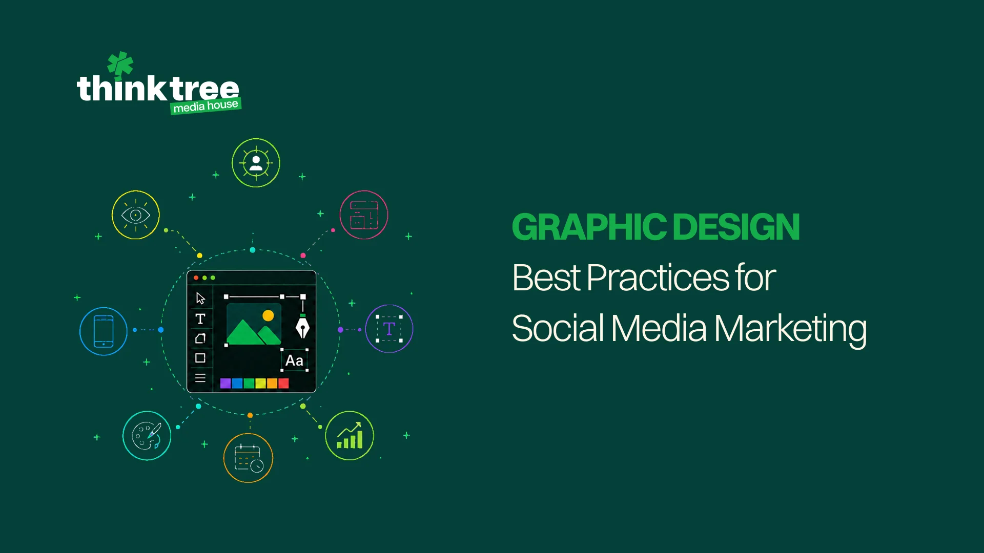 Graphic reading "GRAPHIC DESIGN Best Practices for Social Media Marketing" next to a design software canvas and tool icons.
