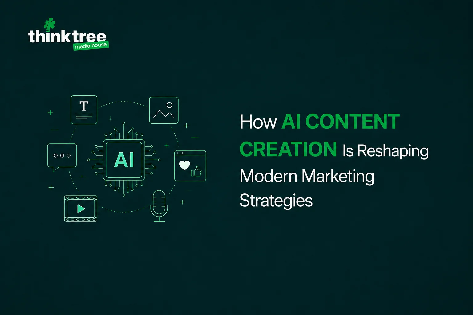 Think Tree Media House blog cover detailing AI-generated content best practices, ethics, and brand safety framework rules.
