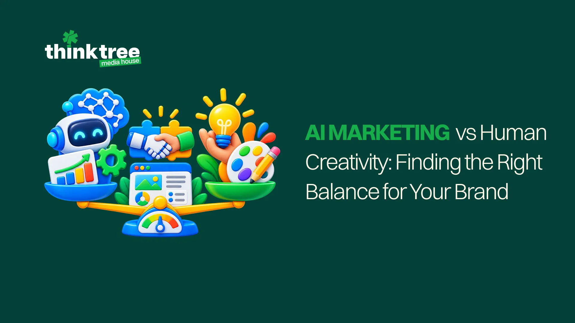 AI marketing and human creativity graphic showing the balance between technology and creative strategy