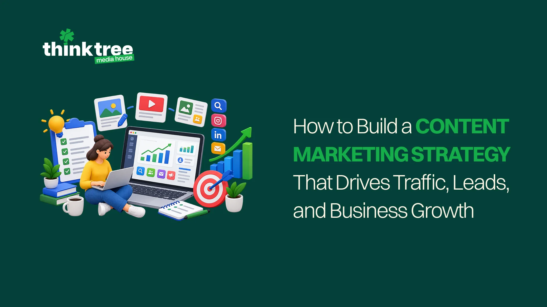 Content marketing strategy graphic showing digital marketing planning, traffic, leads, and business growth