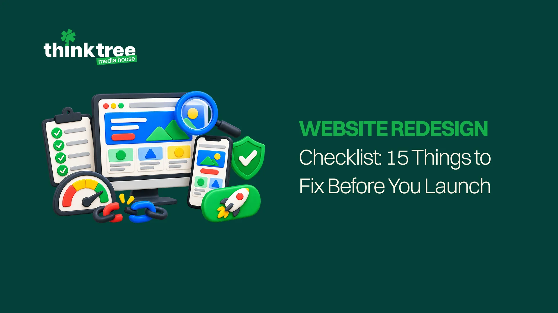Website redesign checklist graphic highlighting key fixes to complete before launching a website