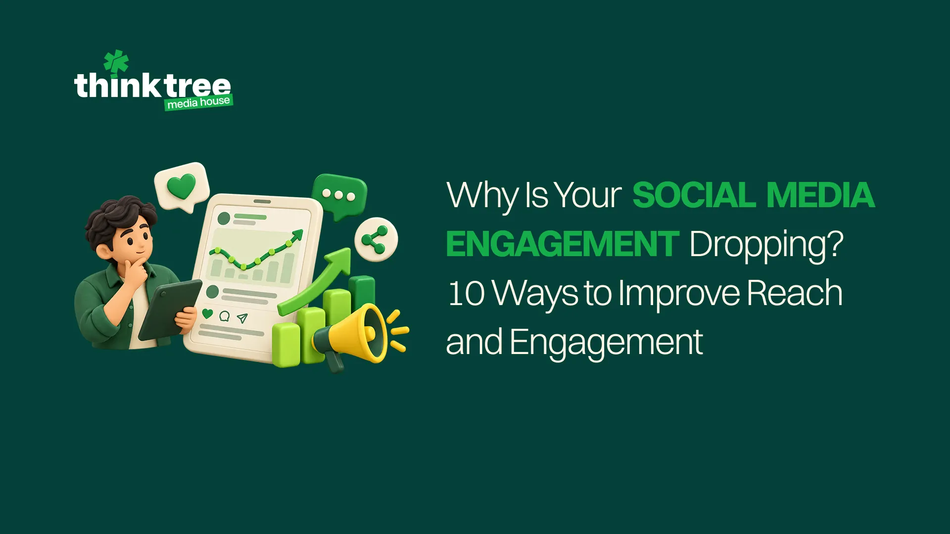 Social media engagement strategy with analytics, content and reach growth visuals.